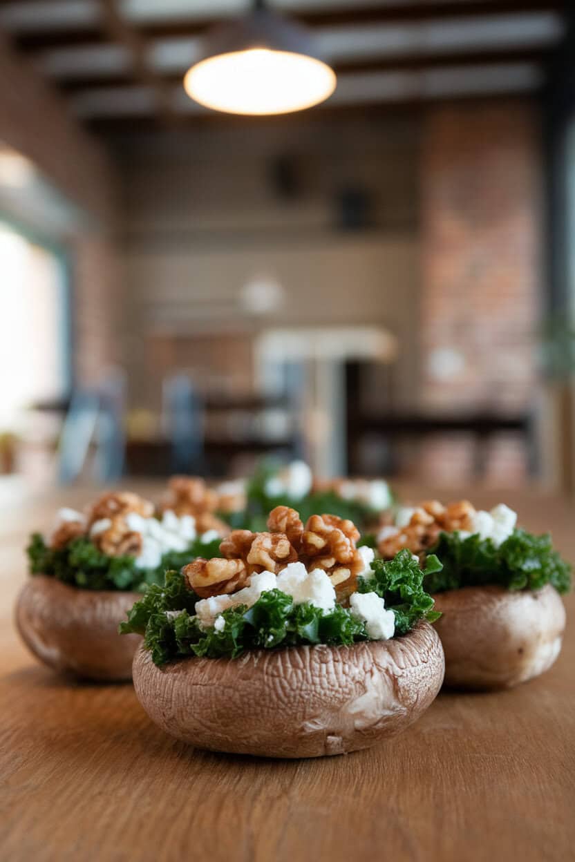 Photo of an indoor wooden table with mushrooms filled with vibrant green kale, crumbled goat cheese, and toasted walnut pieces. No text or logos visible.