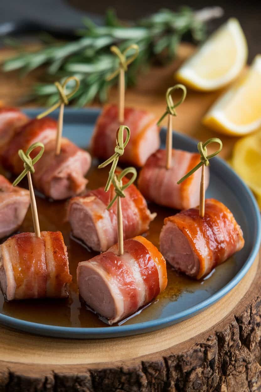 Indoor appetizer tray with toothpick-speared bacon-wrapped pork loin cubes glazed in maple syrup; no logos.