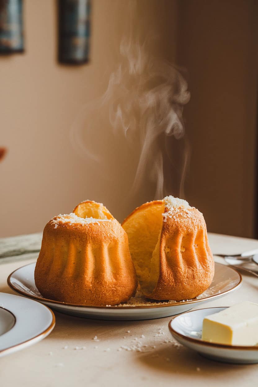 Indoor dining table featuring tall golden popovers split open with steam visible, small butter dish nearby, no text or logos, photo style