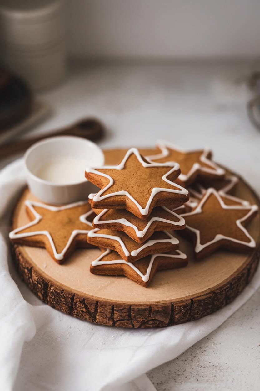 Indoor photo of spiced gingerbread star cookies iced with thin white lines, stacked neatly on a wooden board beside a small bowl of icing; soft overhead lighting, no logos.