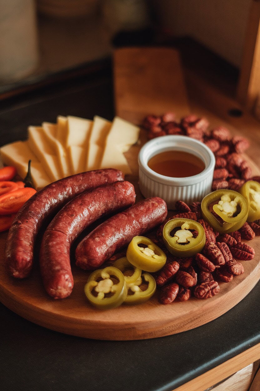 Photo indoors of a board with spicy chorizo, pepper jack slices, pickled jalapeños, chili-roasted nuts, and hot honey in a ramekin, warm lighting, no logos.