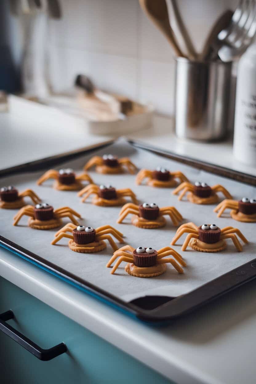 A baking sheet on an indoor counter displaying peanut butter cookies topped with mini peanut butter cups and candy eyes forming spiders. Soft light, no text or logos. Photo only.