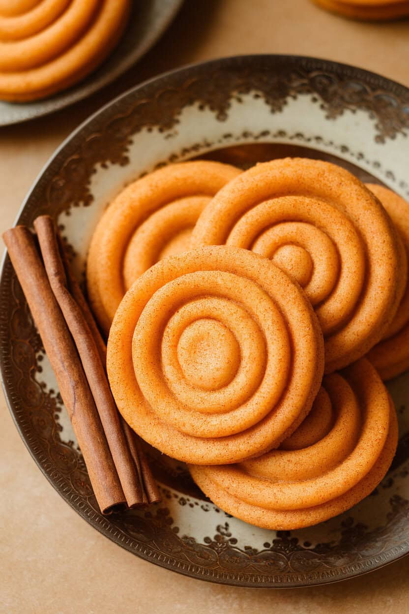 Photo prompt: Indoor shot of orange-flecked sweet potato snickerdoodles on a vintage plate, cinnamon sticks alongside. No text or logos.