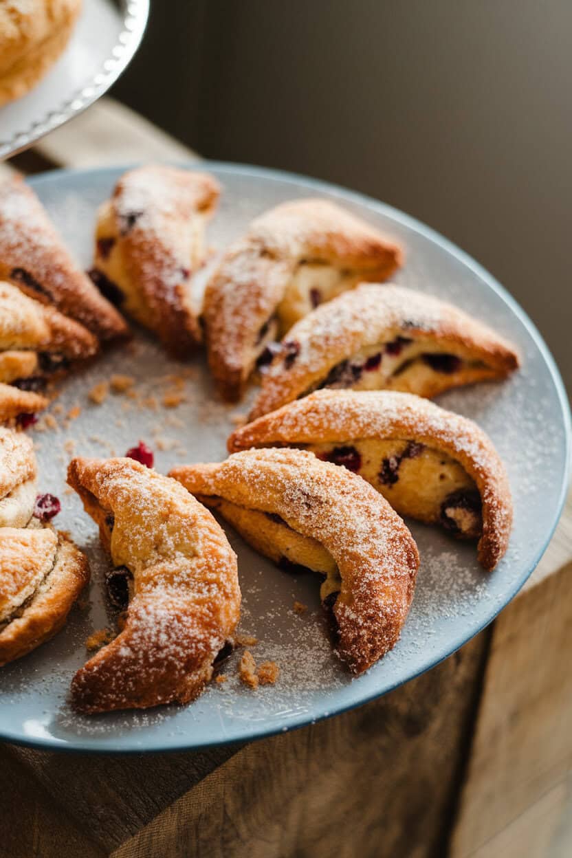 Photo prompt: Indoor pastry plate of crescent-shaped almond cranberry rugelach dusted in coarse sugar. No text or logos visible.