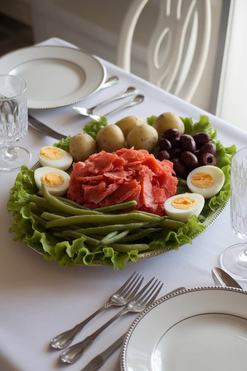 Indoor table featuring a platter with smoked trout flakes, boiled fingerling potatoes, olives, hard-boiled eggs, and blanched green beans over lettuce. No logos or text. Photo.