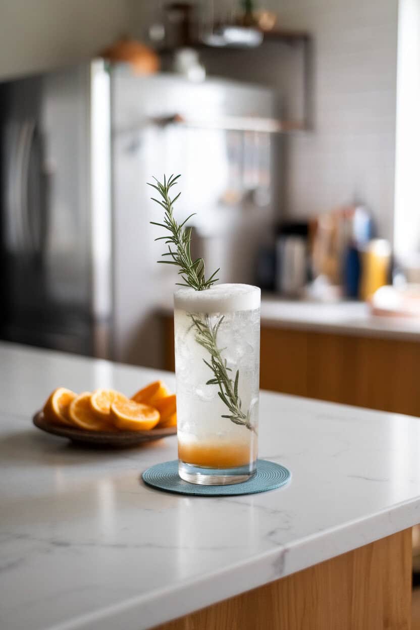 An indoor kitchen island with a tall Collins glass of Rosemary Gin Fizz, frothy top, rosemary sprig standing upright, citrus slices on plate beside; no text or logos; photo