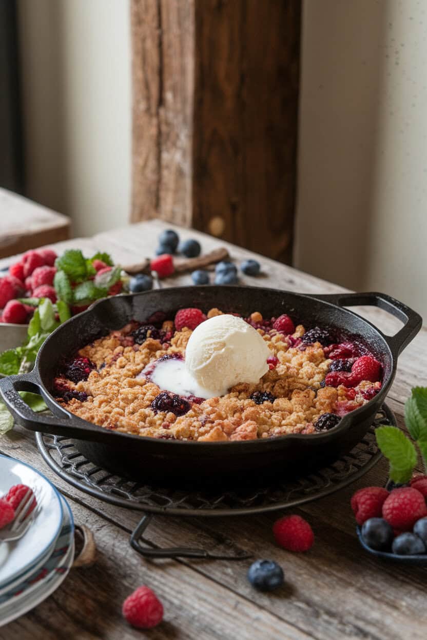An indoor rustic dining table featuring a cast-iron skillet filled with bubbling mixed berry crumble and a scoop of vanilla ice cream melting on top. Photo only, no text or logos.