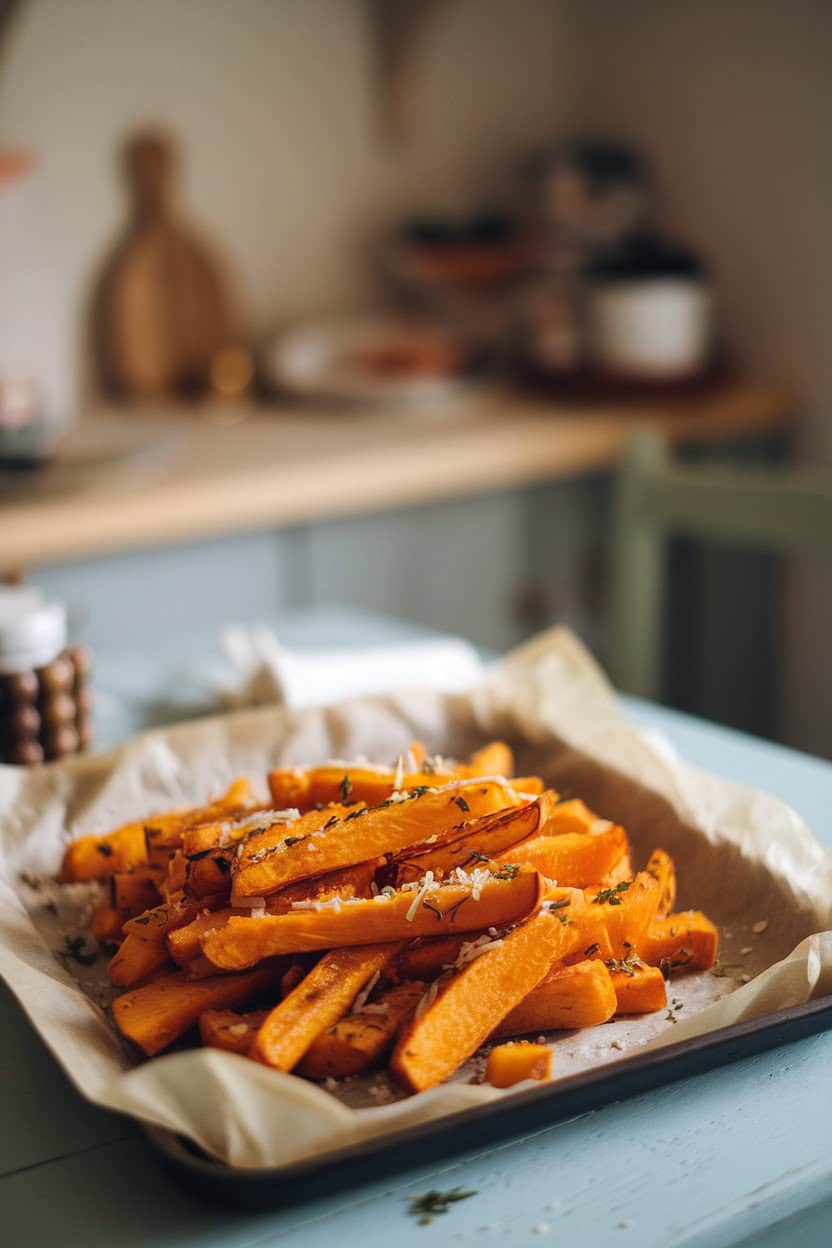 Indoor dining table with a parchment-lined tray of roasted butternut squash fries sprinkled with herbs, soft focus background, no visible text.