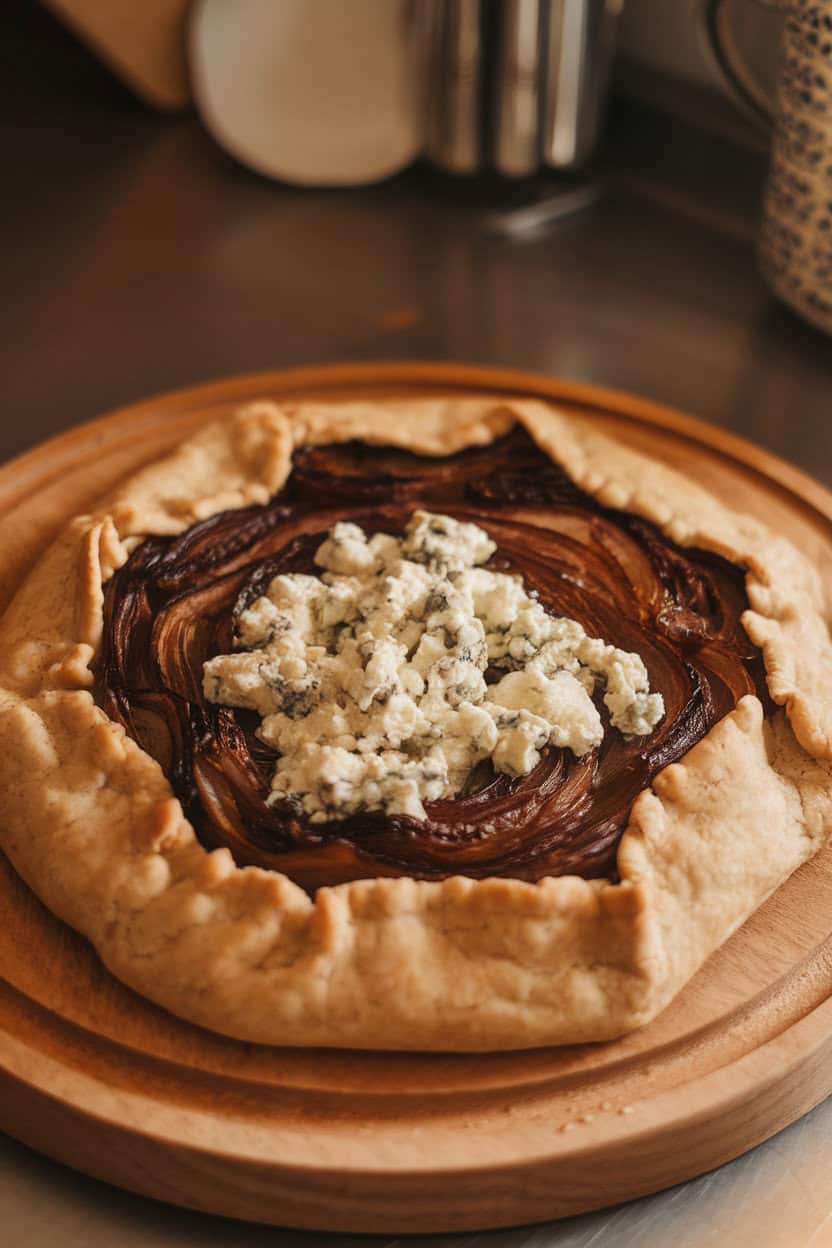 An indoor wooden board holding a rustic free-form galette, edges flaky, center layered with deep brown onions and melted blue cheese crumbles. No text or logos visible.