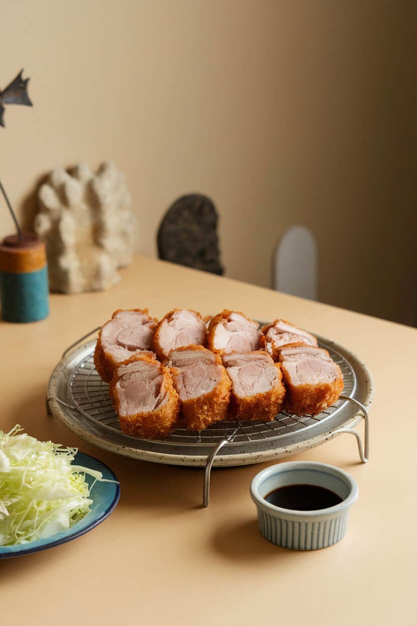 A softly lit dining table showing sliced pork tonkatsu arranged on a wire rack over a ceramic plate, with shredded cabbage and a small ramekin of dark sauce. No text or logos present. Photo, not illustration.