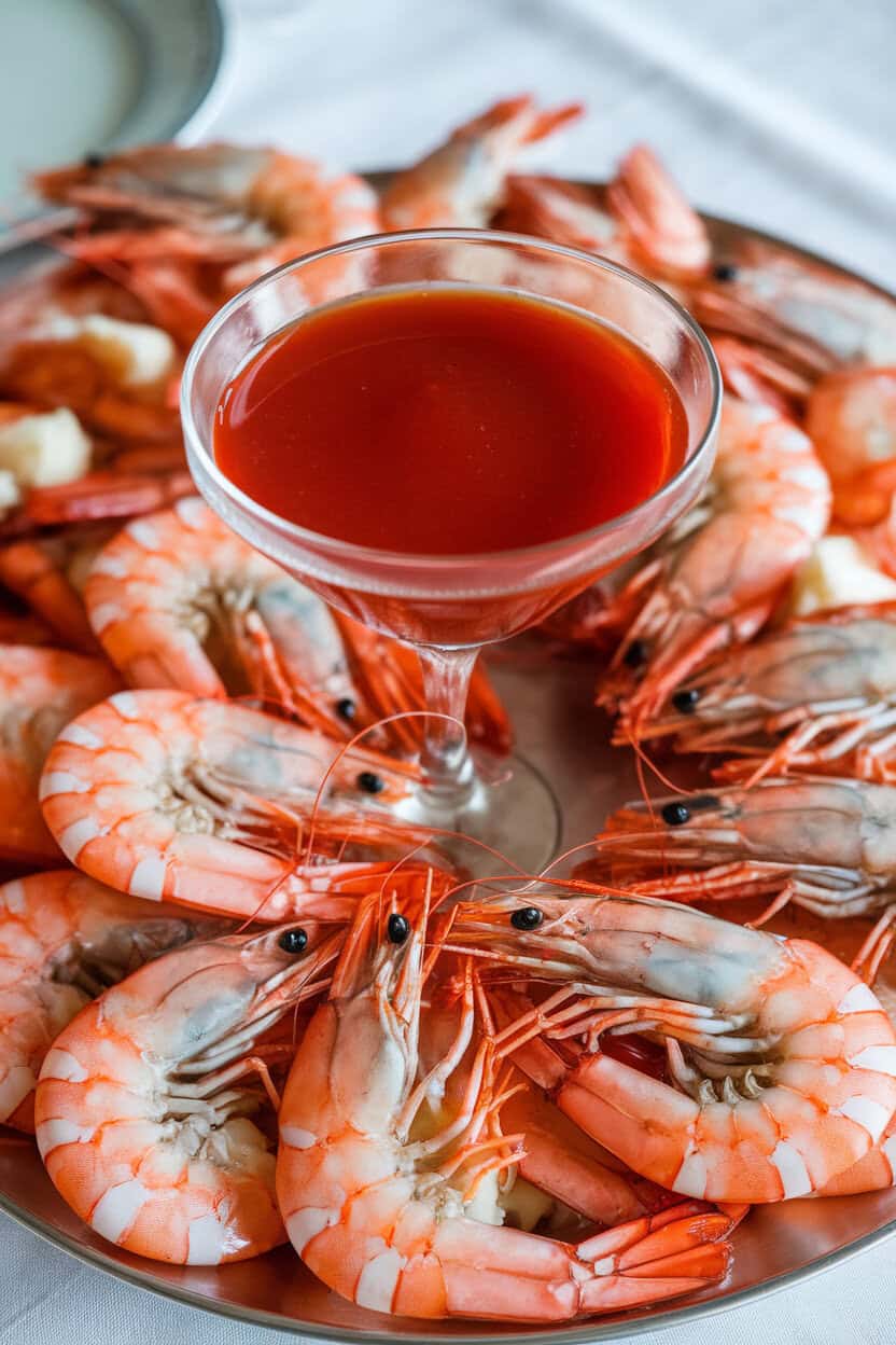 An indoor platter of chilled cooked shrimp arranged around a martini glass of red cocktail sauce—no text or logos.
