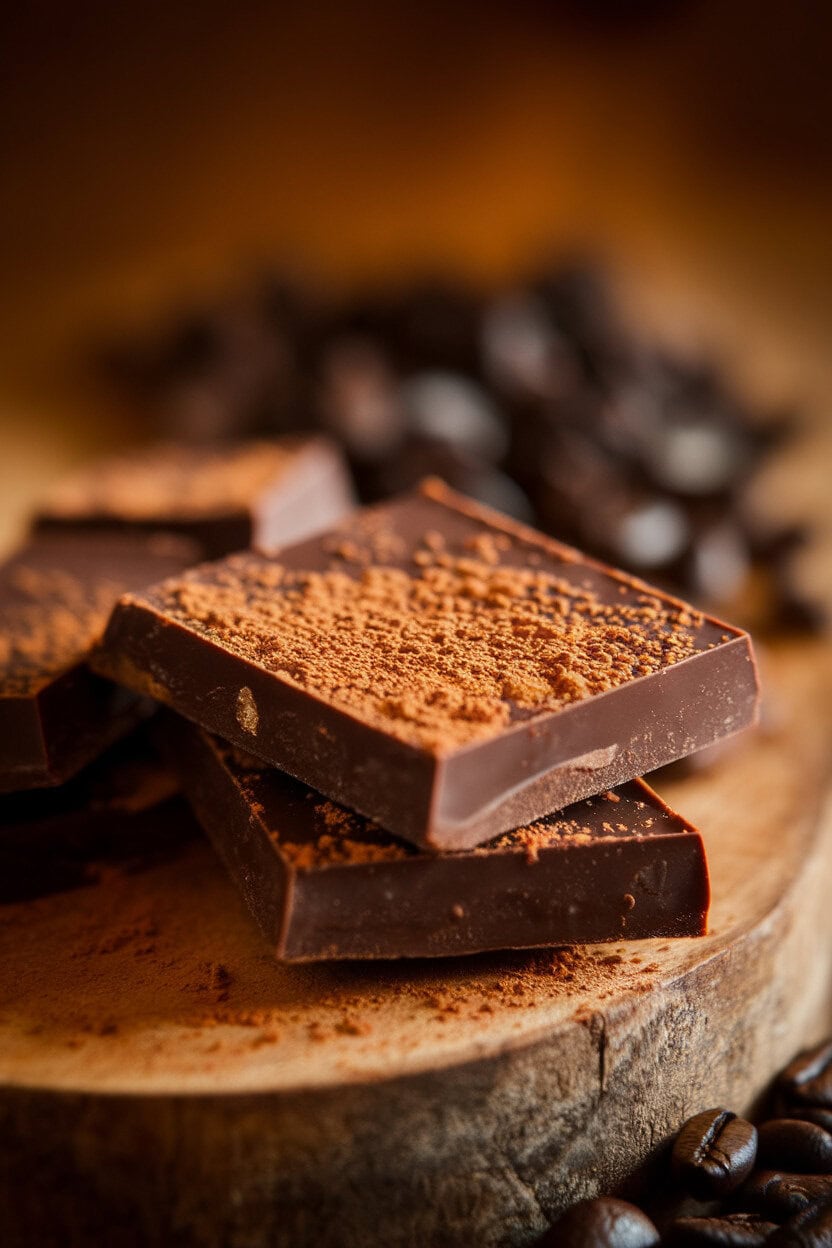 Warm indoor photo of dark-chocolate toffee lightly dusted with espresso powder, coffee beans blurred in background. No text or logos.