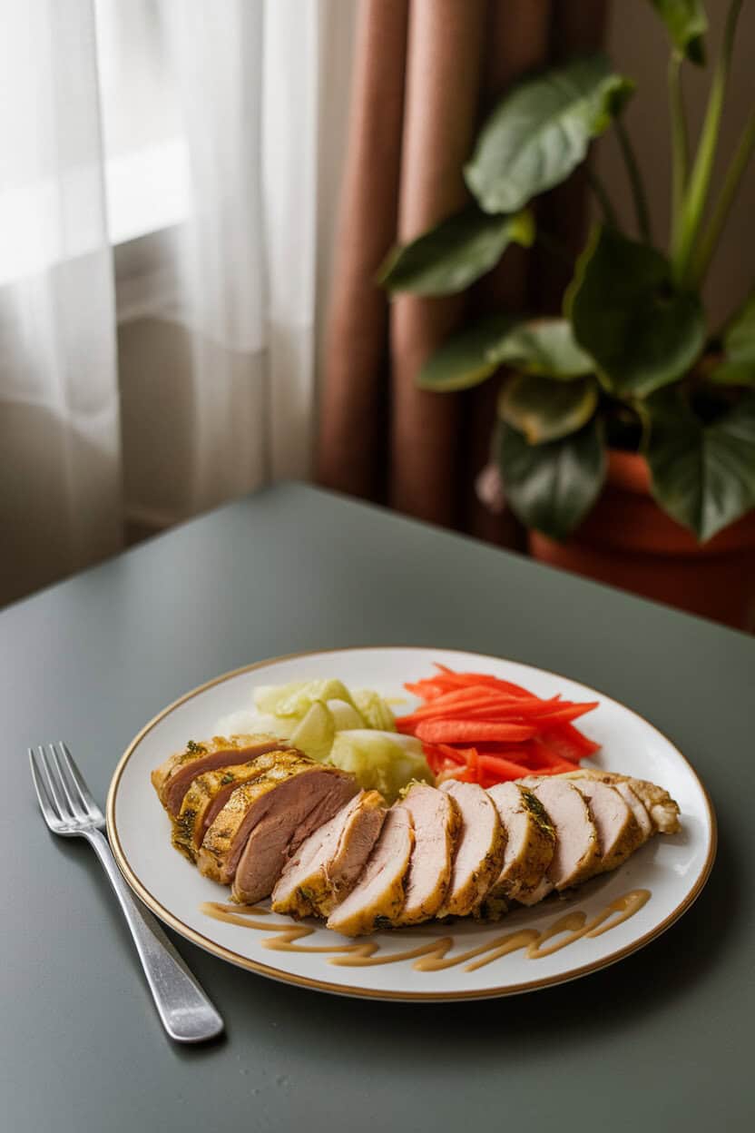 A plate on an indoor dining table with sliced chicken shawarma, pickled veggies, and a drizzle of tahini sauce; no text or logos; photo