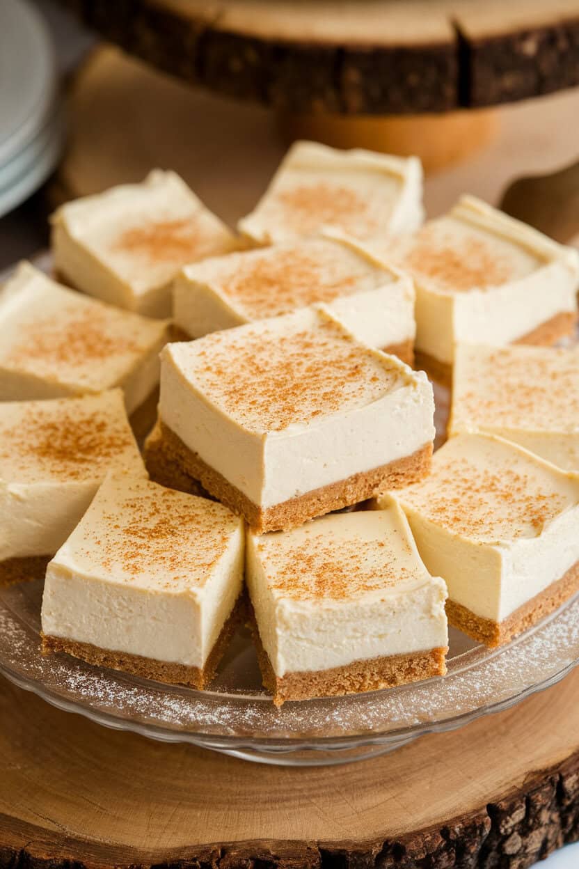 Indoor dessert platter of creamy cheesecake bars, nutmeg dusted on top, golden graham crust visible on the sides. No branding or wording.