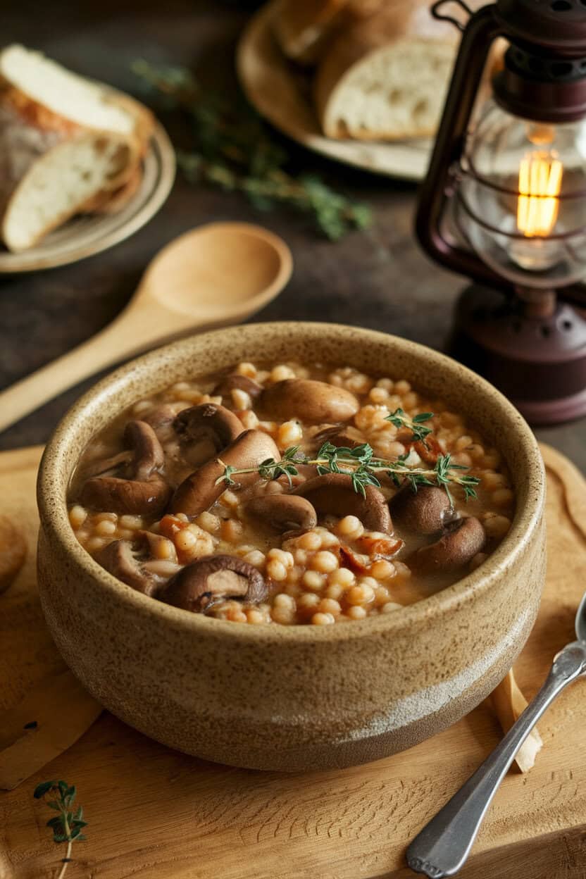 A rustic indoor scene with a stoneware bowl of mushroom and barley stew, earthy mushrooms floating in a thick broth, garnished with fresh thyme. Soft lantern-style lighting underscores the stew’s richness. Photo only, no text or logos.