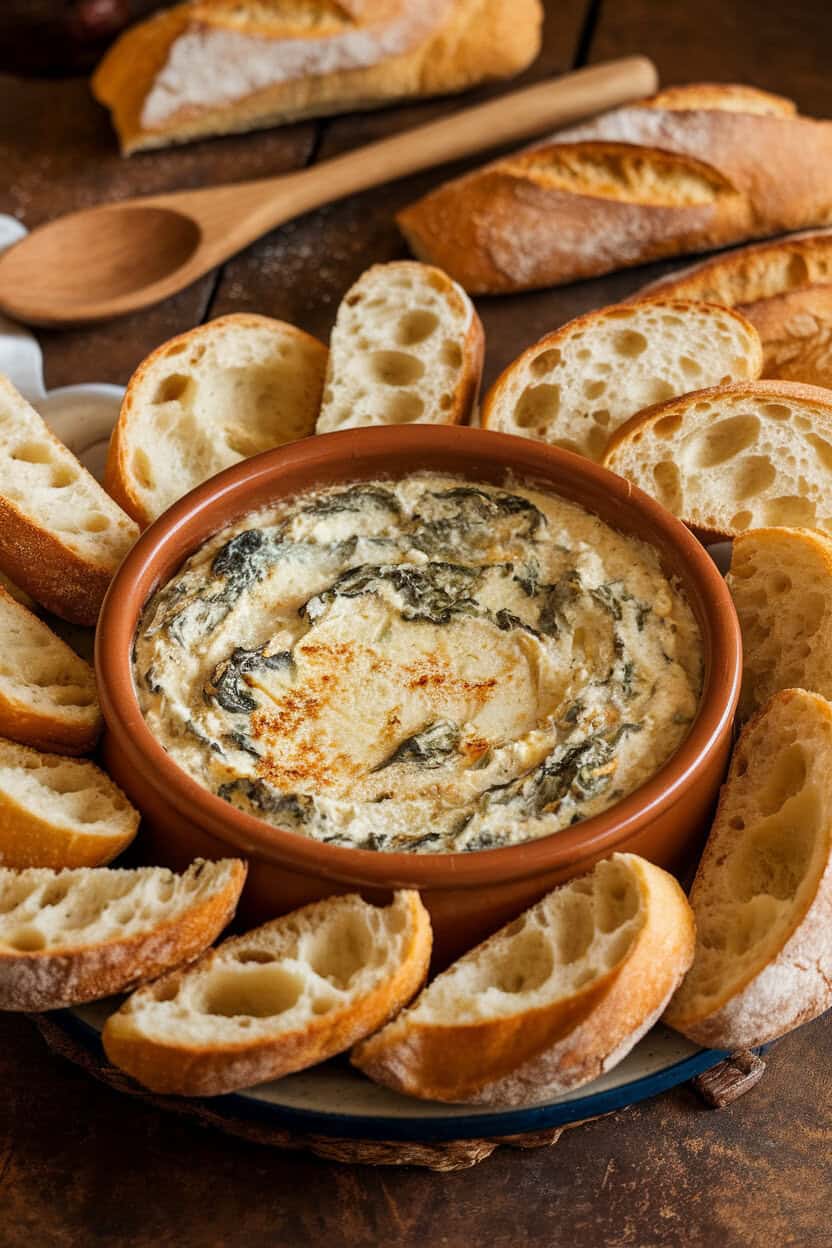 A rustic indoor table with a bubbling ceramic dish of creamy spinach artichoke dip surrounded by toasted baguette slices; photo, no text or logos.