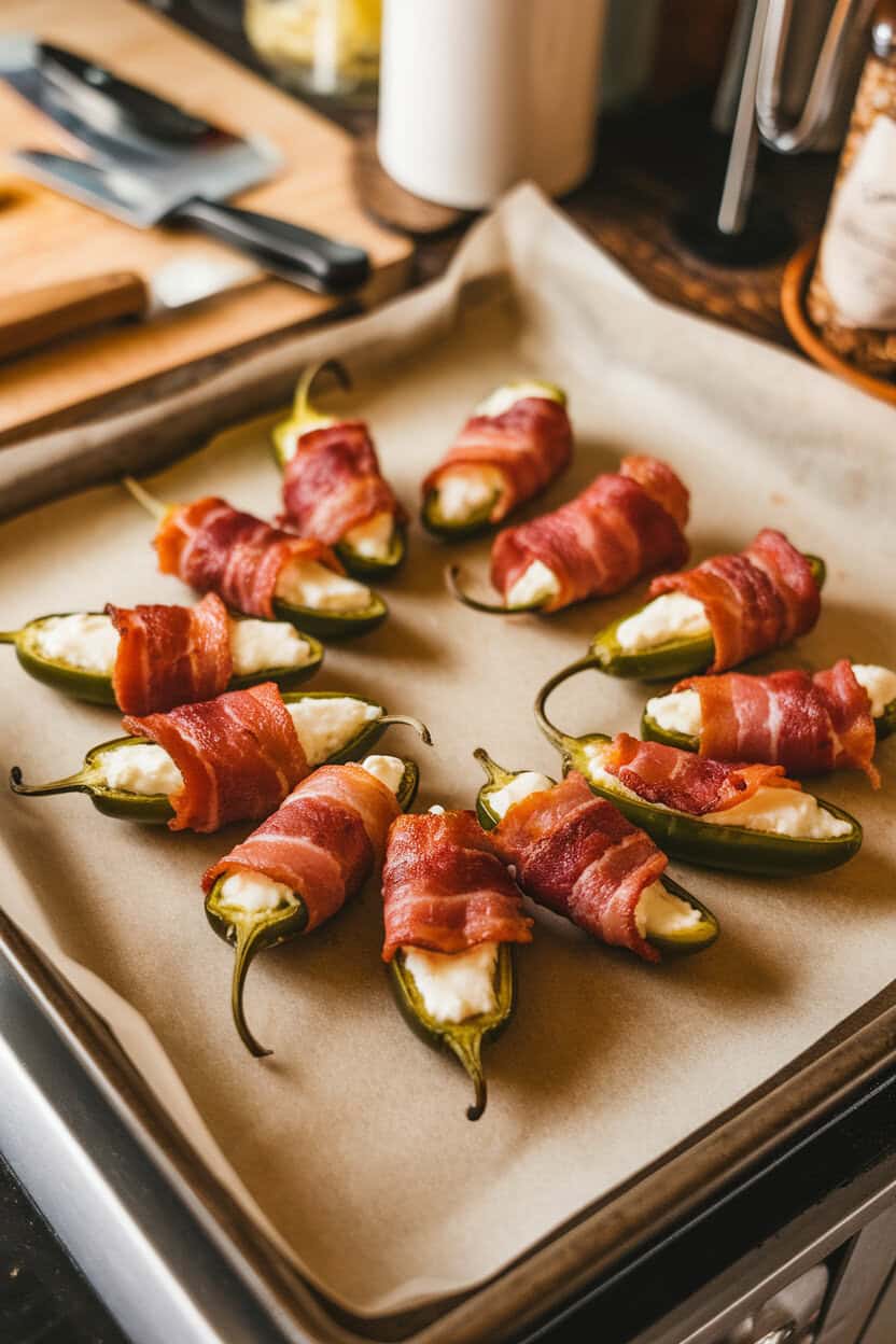 A parchment-lined baking sheet on a kitchen counter showing jalapeño halves stuffed with cheese and wrapped in crispy bacon. No text or logos.
