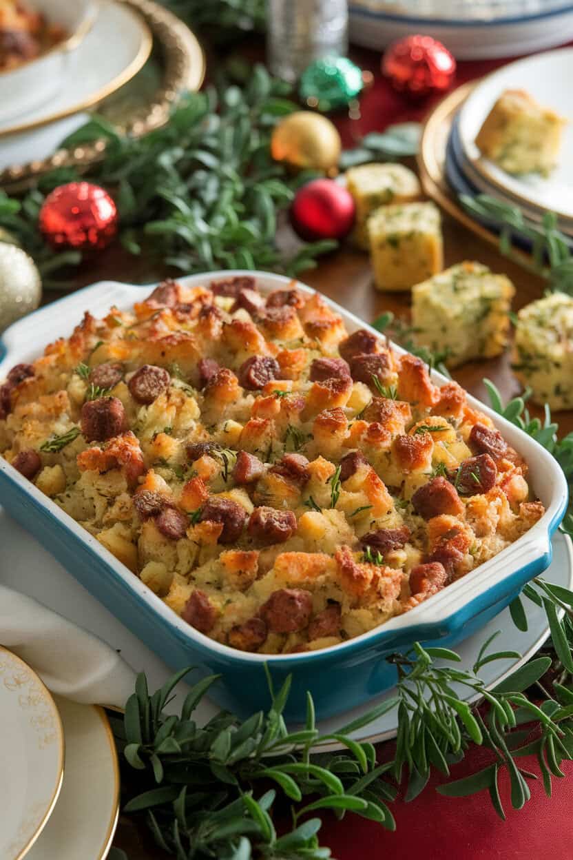 Indoor holiday table with a baking dish of apple sausage stuffing—golden bread cubes dotted with herbs and visible sausage pieces. Photo only, no text or logos.