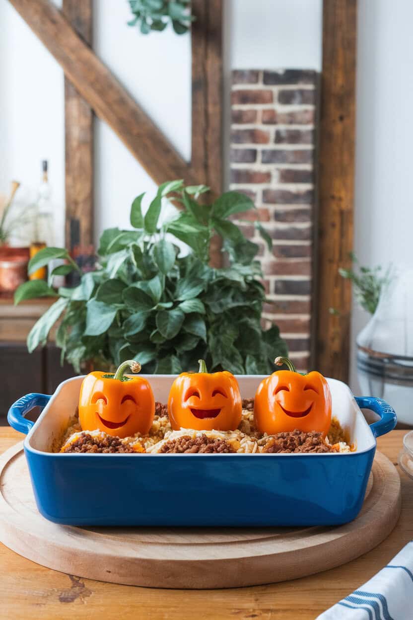 A bright indoor kitchen scene showing orange bell peppers carved with smiling faces, stuffed with rice and ground beef, sitting in a baking dish. No text or logos.