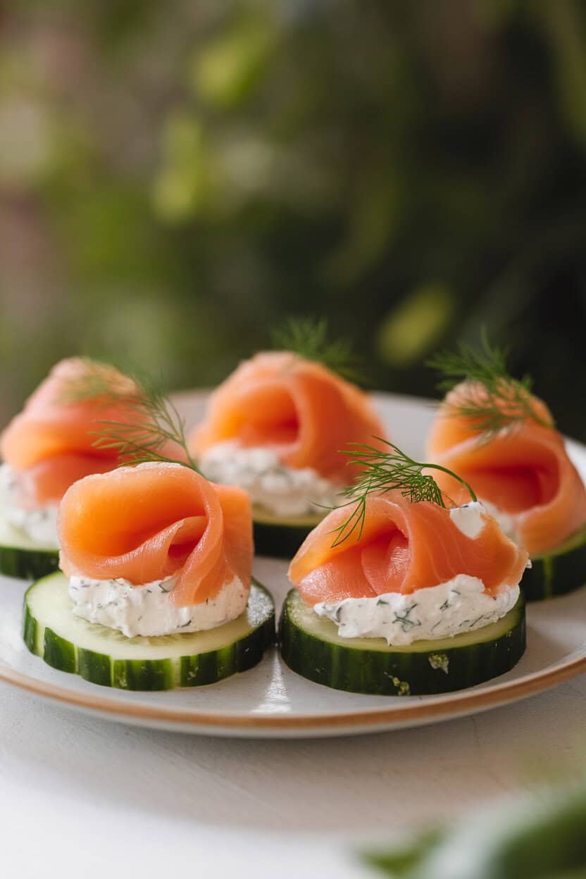 A softly lit indoor photo of cucumber slices topped with folds of smoked salmon, a dollop of herbed cream cheese, and a tiny sprig of dill. No text or logos visible.