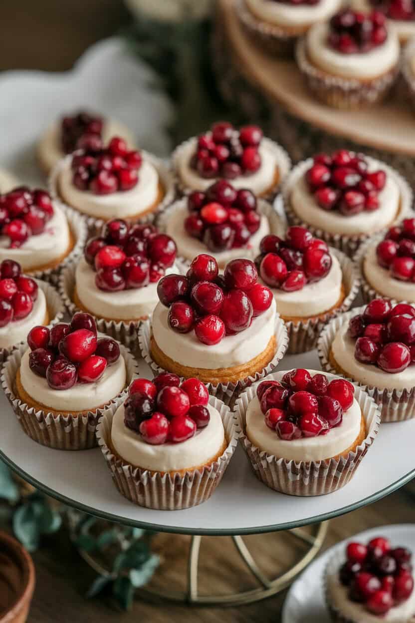An indoor platter of mini cranberry cheesecakes in cupcake wrappers, vibrant cranberry topping gleaming. No text or logos.