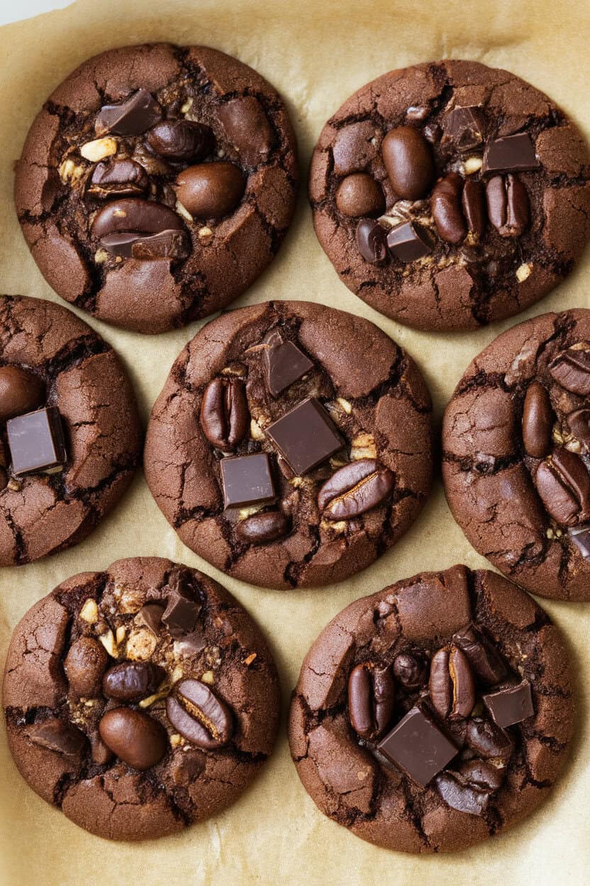 Overhead indoor image of glossy chocolate cookies studded with espresso beans and dark chocolate chunks, set on parchment. No text or logos.