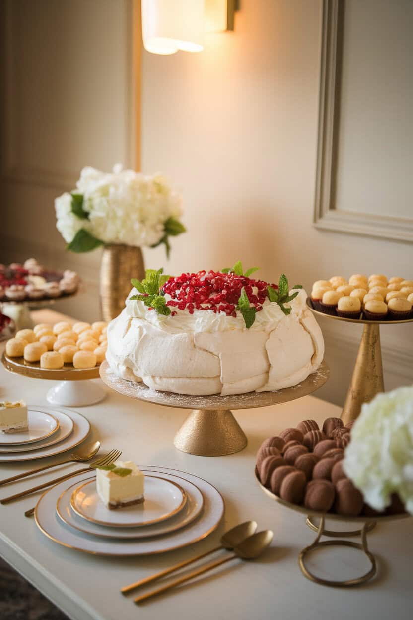 An indoor dessert table with a large pavlova topped with whipped cream, jewel-like pomegranate seeds, and mint sprigs; gentle side lighting, no text or logos. Photo, not illustration.