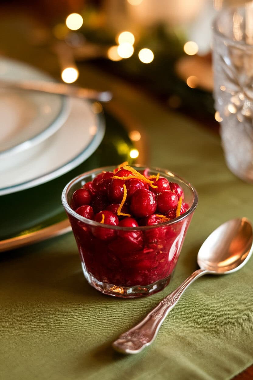Photo of a small glass bowl on an indoor holiday table filled with ruby red cranberry relish dotted with orange zest, a silver spoon beside it, no text or logos.