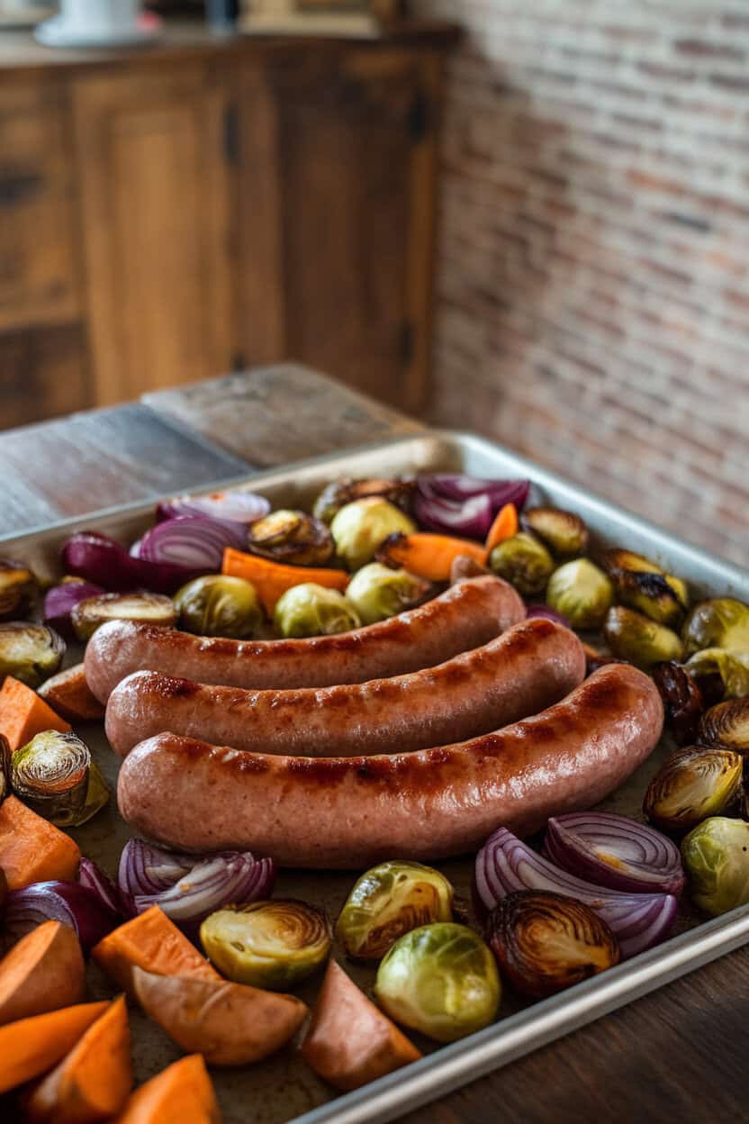 An indoor dining table with a sheet pan holding browned sausages nestled among caramelized Brussels sprouts, red onions, and sweet potatoes. Photo only, logo-free.