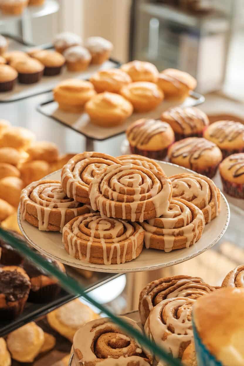 Photo prompt: Indoor bakery counter featuring spiral cinnamon roll cookies drizzled with vanilla glaze, no text or logos.