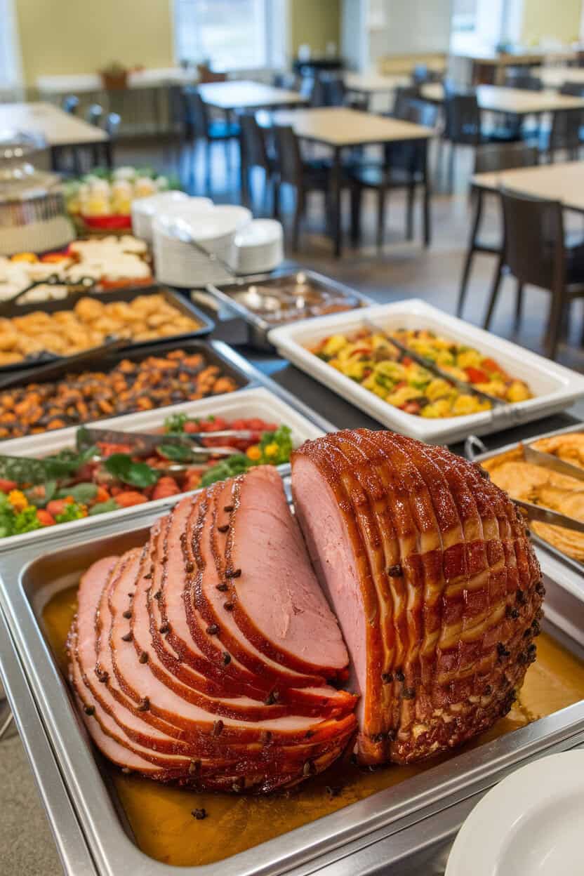 An indoor buffet with a spiral-sliced ham shimmering under a sticky honey-mustard glaze, cloves studded on the surface; no text or logos. Photo.