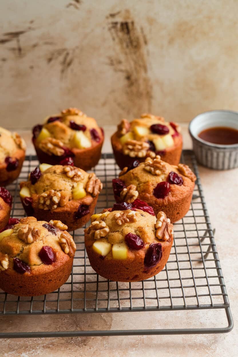 An indoor wire rack with fruit-studded muffins brushed with rum glaze, a small ramekin of glaze nearby. No text or logos. Photo, not illustration.