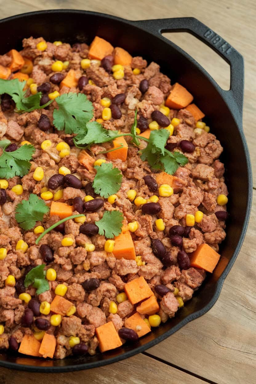 Photo of an indoor cast-iron skillet filled with ground turkey, cubed sweet potatoes, black beans, and corn, sprinkled with fresh cilantro. No text or logos visible.