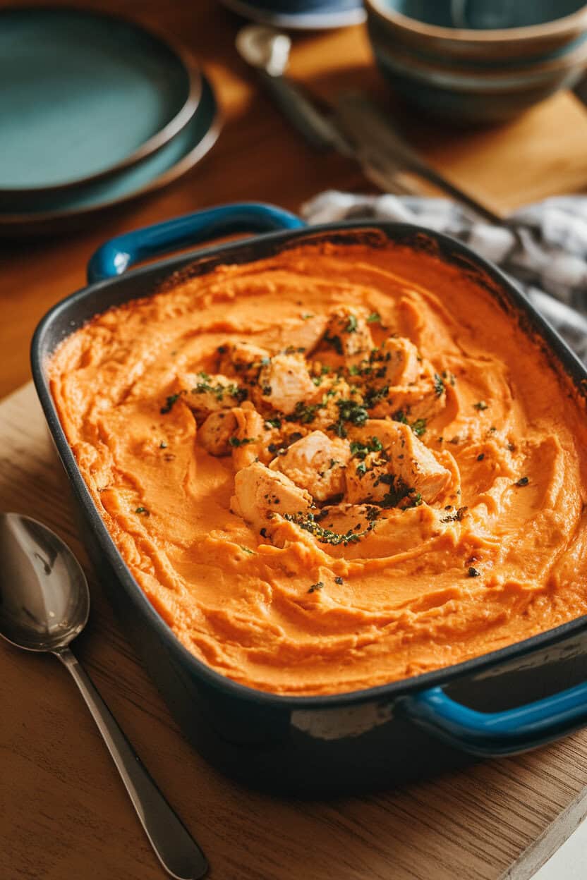 Indoor photo of a bubbling baking dish filled with creamy orange-hued buffalo chicken dip, a spoon beside it. No text or logos. Photo, not illustration.