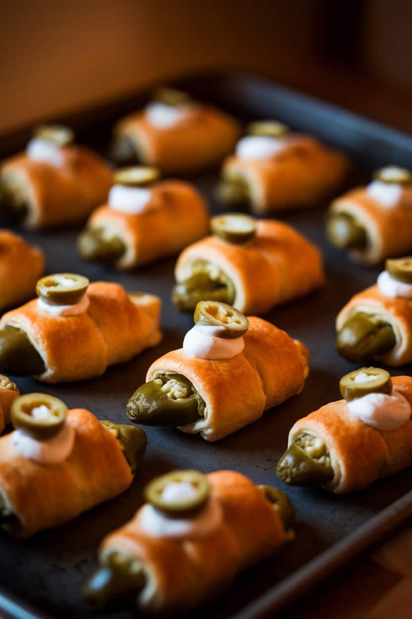 A close-up of baked jalapeño poppers wrapped in crescent dough “bandages,” with dots of sour cream and olive slices forming eyes, on a dark sheet pan under warm indoor light. No text or logos. Photo only.