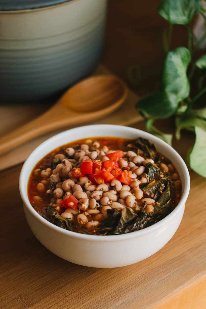 Indoor shot of a bowl featuring black-eyed peas, chopped collard greens, and diced tomatoes in mildly spicy broth. No text or logos