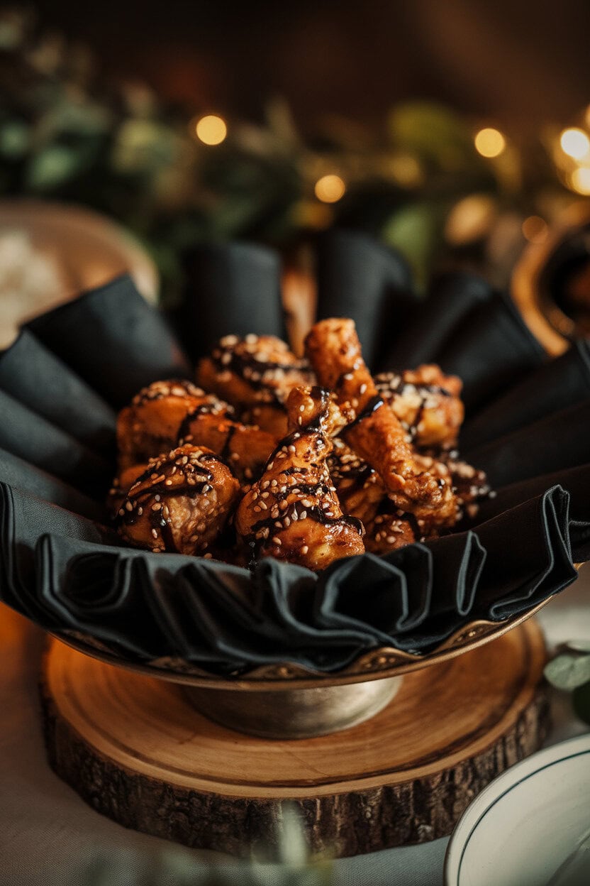 An indoor serving platter lined with black napkins holding chicken drumettes coated in a dark soy-balsamic glaze, garnished with sesame seeds. Warm, moody lighting; no text or logos.