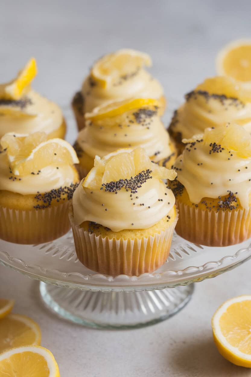 Indoor photo showing sunny lemon cupcakes flecked with poppy seeds, topped with pale yellow glaze and candied lemon peel, arranged on a simple glass cake stand. No logos or text.