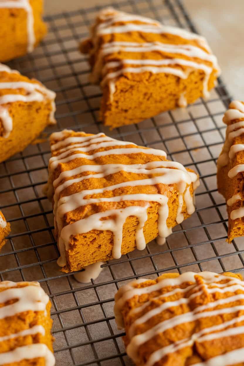Indoors, a cooling rack of pumpkin scones draped in maple glaze, glaze dripping slightly down the sides, no text or logos. Photo, not illustration.