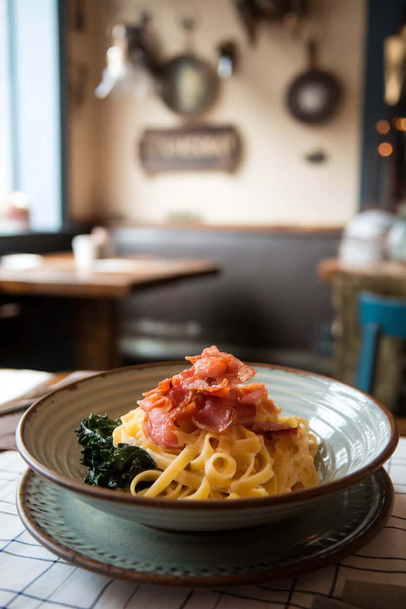 A bowl of carbonara pasta flecked with crispy pancetta and ribbons of sautéed kale, set on an indoor bistro table. No text or logos; photo, not illustration.