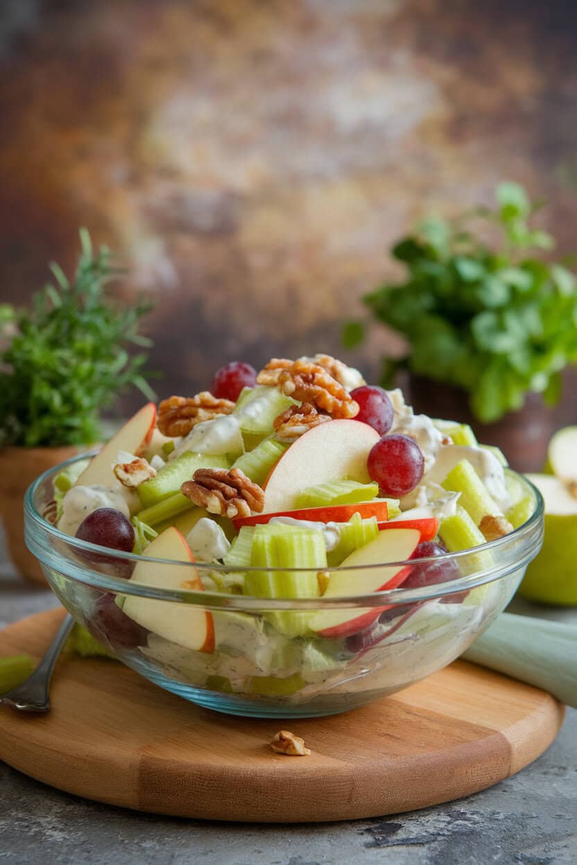 An indoor salad bowl containing crisp apples, celery, grapes, and walnuts in light mayo dressing. No text or logos. Photo, not illustration.