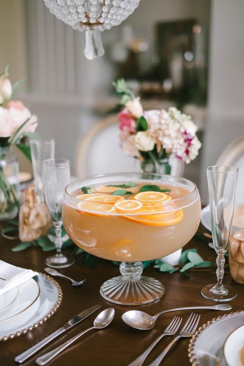 Indoor dining table showcasing a glass punch bowl filled with pale gold champagne punch, floating citrus wheels and mint, ladle resting nearby, no text or logos.