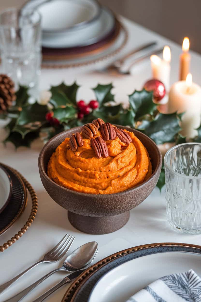Indoor holiday table setting with a serving bowl of whipped sweet potato mash topped with toasted pecans and a drizzle of maple syrup. Photo only, no text or logos.