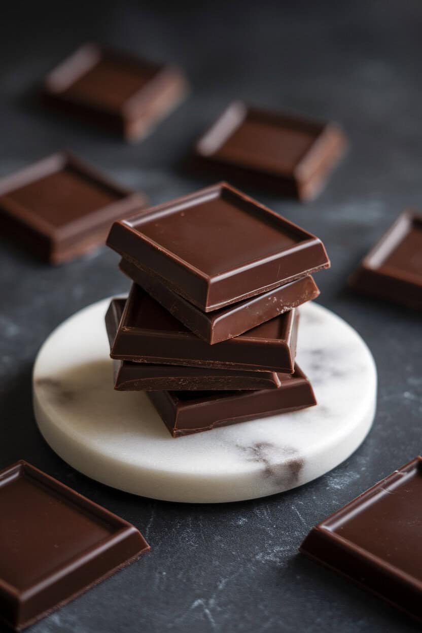 Indoor still life of several dark chocolate squares stacked neatly on a marble coaster, soft side lighting highlighting subtle sheen. No text or logos.