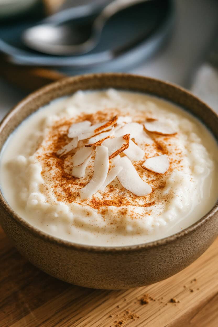 A warmly lit indoor dessert bowl of creamy coconut milk rice pudding topped with toasted coconut flakes and a sprinkle of cinnamon. Photo only, no text or logos.