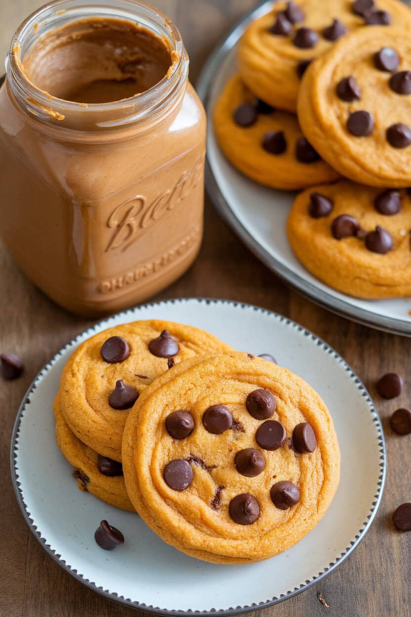 Indoor jar of peanut butter beside cookies tinted orange from pumpkin, chocolate chips scattered lightly, no logos visible.