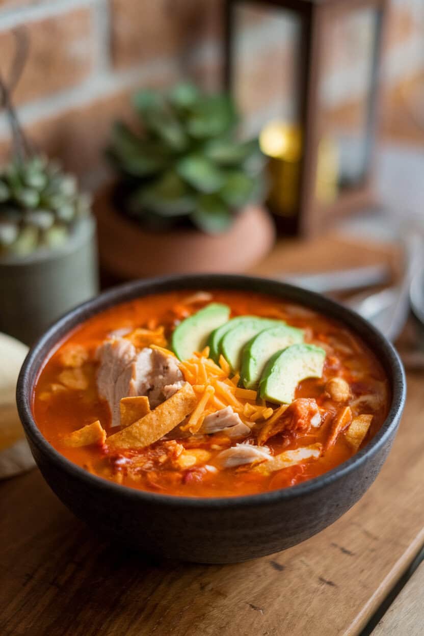 An indoor tabletop shot of a deep bowl of chicken tortilla soup garnished with avocado slices, shredded cheese, and crisp tortilla strips. No text or logos visible.