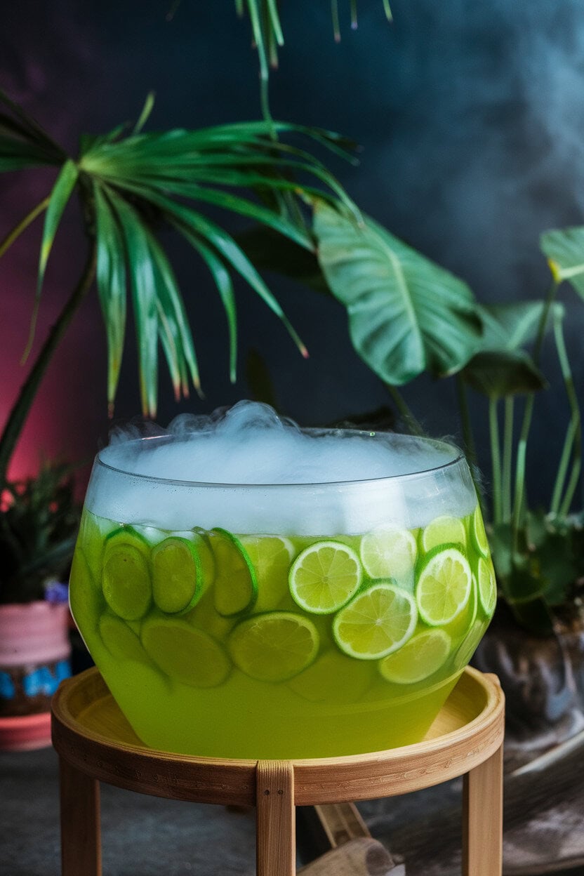 Photo, not illustration — indoor punch bowl filled with neon green citrus punch, dry ice fog drifting over the rim; moody colored lighting, no text or logos