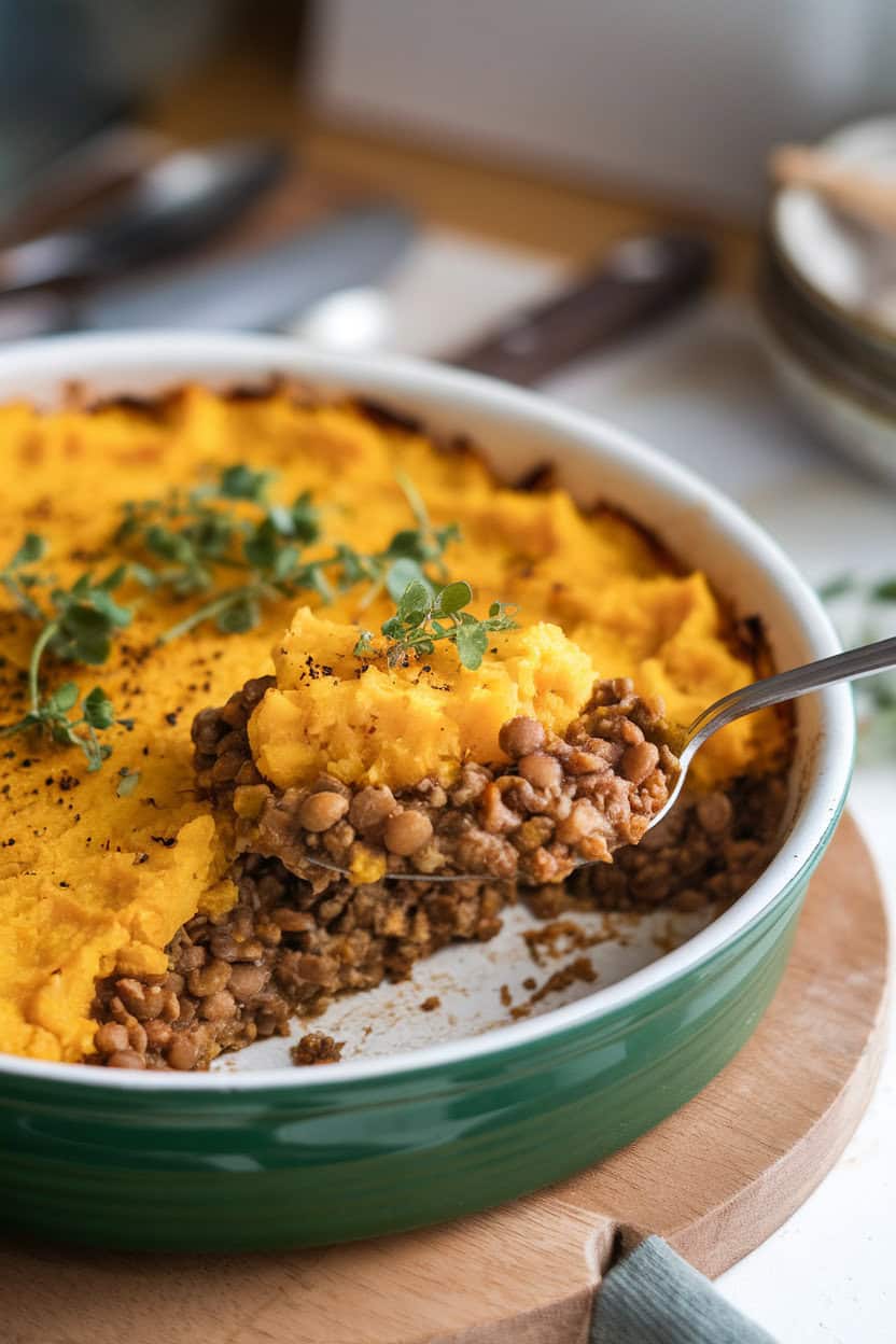 Indoor photo of a casserole dish showing a golden mashed squash topping over savory lentil filling; a spoon has scooped out a portion, no text or logos.