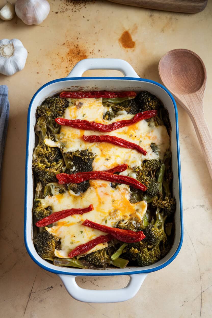 Indoor Italian-style kitchen counter showing a casserole with vibrant broccoli rabe leaves, ruby sun-dried tomato strips, and melted provolone. No visible branding. Photo.